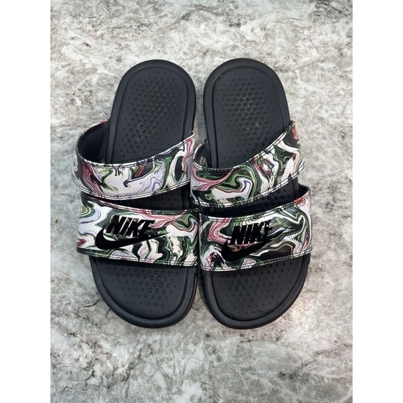 Nike Women's Size 6 Benassi Duo Ultra Slides Sandals Marble Black, pink, White - Picture 1 of 5